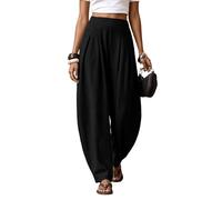 Petite Wide Leg Trousers Womens Barrel Leg Trousers Work Office Smart Casual Elegant High Elasticated Waist Bootcut Long Pants Cotton Linen Pull On Harem Trouser with Pocket Flared Leggings Black