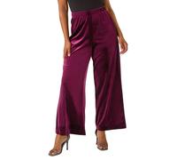 Roman Wide Leg Velvet Stretch Trousers for Women UK - Ladies Autumn Everyday Winter Holiday High Waisted Comfy Pull On Soft Pants Warm Feel Bottoms - Petite Plum - Size 12
