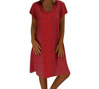 Petite Womens Dresses Women Summer Style V-Neck Printed Cotton and Casual Plus Size Ladies Dress Comfy Summer Dresses Wine