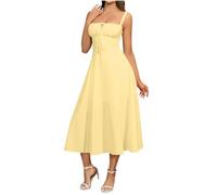 Petite Women's Fitted Dresses Strappy Tie Front Ruched Square Neck Split Dress Elegant Slim-Fit Adjustable Straps Lace-Up Back Midi Sundress Summer Casual Beach Party Wear My Orders Yellow