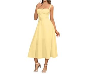 Petite Women's Fitted Dresses Strappy Tie Front Ruched Square Neck Split Dress Elegant Slim-Fit Adjustable Straps Lace-Up Back Midi Sundress Summer Casual Beach Party Wear My Orders Yellow