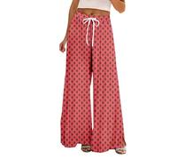 Petite Women's Palazzo Pants - High Waisted Flowy Beach Trousers with Elastic Waist for Summer Comfort Stretch High Waisted Work Long Pants Y2K Streetwear Red