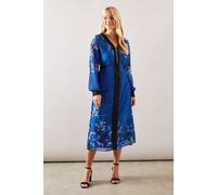 Petite Zip Front Floral Border Chiffon Midi Dress Wallis Cobalt 16