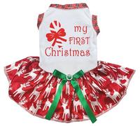 Petitebella Candy My First Christmas Puppy Dog Dress (White/Red Deers, Medium)