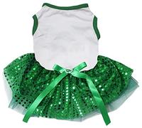 Petitebella Plain Sequins Tutu Puppy Dog Dress (White/Green, X-Large)