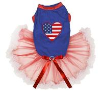 Petitebella USA Heart Puppy Dog Dress (Blue/Red White, X-Large)