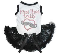 Petitebelle First Time Daddy Mustache Heart Puppy Dog Dress (White/Black Sequins, Large)