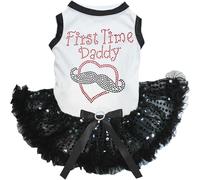 Petitebelle First Time Daddy Mustache Heart Puppy Dog Dress (White/Black Sequins, X-Small)