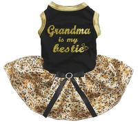 Petitebelle Grandma is My Bestie Puppy Dog Dress (Black/Gold Leopard, X-Small)