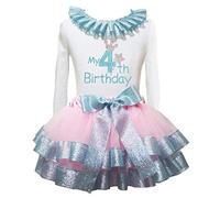Petitebelle My 4th Birthday White L/s Shirt Light Blue Pink Petal Skirt Nb-8y (4-5 Years)