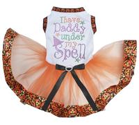 Petitebelle Rhinestone Daddy Under my Spell Puppy Dog Dress (White/Orange Pumpkin Ribbon, Medium)