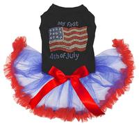 Petitebelle Rhinestones My First USA Flag 4th of July Puppy Dog Dress (Black/Blue Red, X-Large)