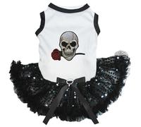 Petitebelle Rose Skull Puppy Dog Dress (White/Black Sequins, X-Small)