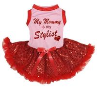 Petitebelle Valentines Dog Dress Tutu Skirt, Cute "My Mommy is my Stylist" Pet Apparel for Small Medium Dogs Girls, Puppy Birthday Party Outfit, Soft Cotton Clothes (Pink/Red Sequins, X-Large)