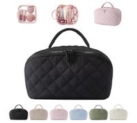 Petition Makeup Bag for Woman, Expandable Travel Cosmetic Bag with Brush Compartment, Wide-Open Lay Flat Toiletry Organizer, Puffy Padded Water-Resistant Makeup Case (Black)