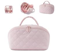 Petition Makeup Bag for Woman, Festivalment Makeup Bag, Wide Open Lay-Flat Water-Resistant Cosmetic Case, Puffy Padded Organizer for Toiletries & Brushes Large Capacitys with Compartments (Pink)