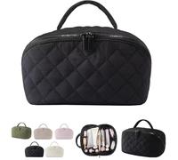 Petition Makeup Bag for Woman, Puffy Padded Wide Open Lay-Flat Water-Resistant Cosmetic Case with Compartments & Handle, Anti-Extrusion & Leak-Proof Interior, Portable Design for Travel (Black)