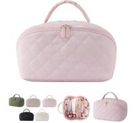 Petition Makeup Bag for Woman,Wide Open Lay-Flat Makeup Bag,Festivalment Cosmetic Organizer,Spacious 180° Open Cosmetic Organizer for Toiletries & Brushes Large Capacity with Compartments (Pink)