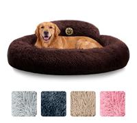 PetJett Calming Dog Beds Large Sized Dog - 36'' Round Bed, Anti-Slip & Washable Super Soft Donut Bed, Fluffy Faux Fur Anti-Anxiety Premium Comfort Pet Bed, Fits Dogs up to 100 lbs - Brown
