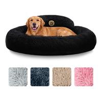 PetJett Calming Dog Beds Large Sized Dog - 36'' Round Bed, Anti-Slip & Washable Super Soft Donut Bed, Fluffy Faux Fur Anti-Anxiety Premium Comfort Pet Bed, Fits Dogs up to 100 lbs - Black