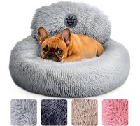 PetJett Calming Small Dog Bed - 23'' Round Dog Beds, Anti-Slip & Washable Super Soft Fluffy Plush Faux Fur Pet Bed, Anti-Anxiety Premium Comfort Donut Puppy Bed, Fits Dogs up to 25 lbs - Bright Grey