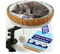 PetLovers Cat Desk Bed - Rattan Elevated Desk Cat Bed Attachment with Removable Washable Cushion, 360° Swivel Arm, Secure Clamp - Keeps Your Cat Close While You Work or Play