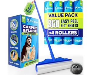 PetLovers Large Lint Roller with 3 Refills - 360 Total Sheets for Tackling Pet Hair, Extra Large Floor and Carpet Roller for Homes with Pets, Perfect for Floors, Furniture, and Loving Pet Owners