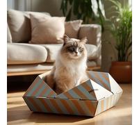 Petnovo Folding Cat Scratcher Box & Bed with Corrugated Insert, Paper-Based Build with Striped Finish, Cardboard Scratch Pad for Indoor Cats, Burlywood and Grey, 18.5x18.5x11.8in, 1 Pack