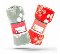 Petopedia 2x Soft Warm - Christmas Dog Blankets with Snowflake & Paw Prints - Washable Pet Blanket for Cats & Dogs - Puppy, Kitten Bed Throws, Travel (100cm X 120cm, RED & GREY (2 Pack))