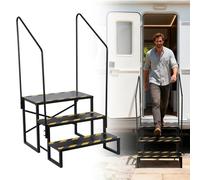 petour 3 Step Caravan Steps, Heavy Duty RV Stairs with Handrail, Mobile Home Step Ladder with Handle, Non-Slip Steps for Safe Entry and Exit, for Travel Trailer, Camper, Hot Tub, and Pool Spas