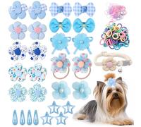 PetPhindU 180+ Pcs Multi-Colored Dog Hair Accessories Set,Small Dog Hair Bows with Rubber Bands,Cute Puppy Hair Ties,Bowties for Small Dogs Cats,Floral Bell Collar (Blue)