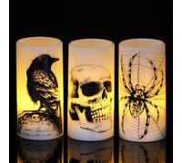 PetPhindU Halloween Flameless Pillar Candles with 6H Timer Battery Operated Real Wax LED Candles with Crow Spider Cobweb Skull Pattern for Horror Spooky Halloween Home Decoration (Skull)