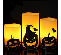 PetPhindU Halloween Flameless Pillar Candles with 6H Timer Battery Operated Real Wax LED Candles with Crow Spider Cobweb Skull Pattern for Horror Spooky Halloween Home Decoration (Pumpkin)