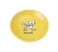 PetRageous 11019 Silly Kitty Dishwasher and Microwave Stoneware Cat Saucer 5-Inch Diameter 2.5-Ounce Capacity for Wet or Dry Cat Food Great For All Cats, Yellow