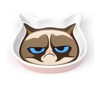 PetRageous G16091 Grumpy Cat Shallow Dishwasher Safe Cat Face Stoneware Saucer 4.75-Inch Wide 4.25-Inch Long 1-Inch Tall 4-Ounce Capacity Gr