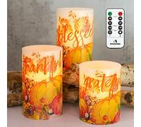 PETRISTRIKE Fall Decor Flameless Candles, Autumn Harvest Maple Leaf Pumpkin Led Candles, Battery Candle with Remote & Timer, Realistic Pillar Candle for Thanksgiving Decorations, Halloween, Party