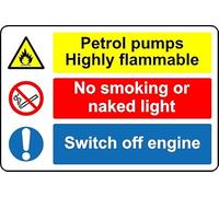 Petrol Pumps Highly Flammable no Smoking Switch Off Engine Safety Sign - Self Adhesive Sticker (200mm x 150mm)