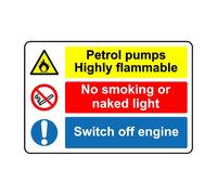 Petrol pumps highly flammable no smoking switch off engine safety sign - Self adhesive sticker - 400mm x 300mm