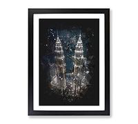 Petronas Towers In Kuala Lumpur Paint Splash Modern Framed Wall Art Print, Ready to Hang Picture for Living Room Bedroom Home Office Décor, Black A2 (64 x 46 cm)