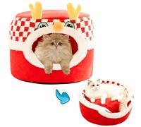 Pets Cat Bed and House, 2-in-1 Foldable Cat Houses for Indoor Cats, Soft Velvet Cat Cave, Removable and Washable Cushion, Cat Condo for All-Season Comfort and Style (Red,Small)