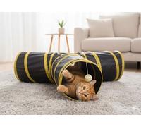 Pets Crew Cat Tunnel for Indoor Cats - 3-Way Collapsible Interactive Toy with Peek Hole & Dangling Ball - Durable Pop Up Play Tunnel for Kittens, Puppies, Rabbits & Small Pets - 25cm (Yello & Black)