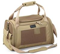 Petsfit Airline Approve Cat Carrier, Lightweight Travel Use Dog Carrier for Small Dogs, Quadrangle Oxford Fabric and Ventilation Mesh，Soft Sided Pet Travel Carrier with Expandable mat，Khaki