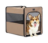 Petsfit Collapsible Dog Crate, Upgrade Zipper and Strengthen The Seam, Dog Travel Crate with Fleece Mat,24 Inch Dog Crate, Khaki