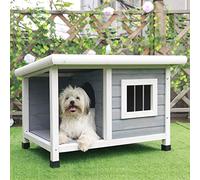 Petsfit Dog House, Wooden Dog Kennels for Outside with Steel Window, Outdoor Pet House with One Room and One Lounge, Asphalt Roof Dog Houses for Outdoor