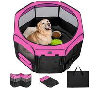 PETSFIT Dog Playpen Large，Pop Up Foldable Dog Kennel Indoor Zipper Removable Mesh Top Cover and Leakproof Playpen Bottom Mat Travel Portable Pet Playpen with Carring Case, 116 × 106 × 72 cm ，Pink
