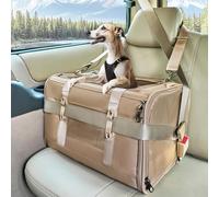 PETSFIT Small Dog Travel Carrier, Large Cat Carrier with Patented Buckle and Soft Padding, Soft-sided Pet Carrier for Puppy, Ideal for Car Road Trips Up to 20 Lbs Khaki