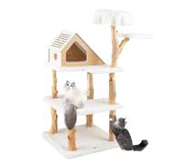 PETSITE 60 inch Solid Wood Cat Tree Tower, Multi-Level Wooden Cat Tower with Jute Scratching Posts, Cat Condo, Sisal Rope, Soft Long Plush, Modern Tall Cat Tree for Indoor Cats Large Adult