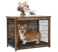 PETSITE Dog Crate Furniture with Cushion, Wooden Pet House Side End Table w/Double Doors for Small & Medium Dogs, Indoor Dog Kennel Cage for Living Room, Rustic Brown