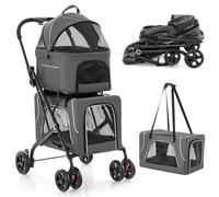 PETSITE Double Dog Stroller, Foldable 3-in-1 4 Wheels Cat Stroller with 2 Detachable Carriers, Safety Belt, Washable Cover, Removable Pads for Small Medium Dogs Cats (Grey)