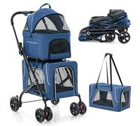 PETSITE Double Dog Stroller, Foldable 3-in-1 Cat Stroller with 2 Detachable Carriers, Safety Belt, Washable Cover, Removable Pads, 4 Wheels Travel Pet Stroller for Small Medium Dogs Cats (Blue)